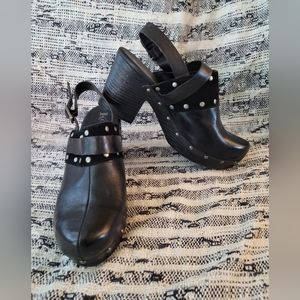 Korks size 9M, black genuine leather studded ankle strap clog.